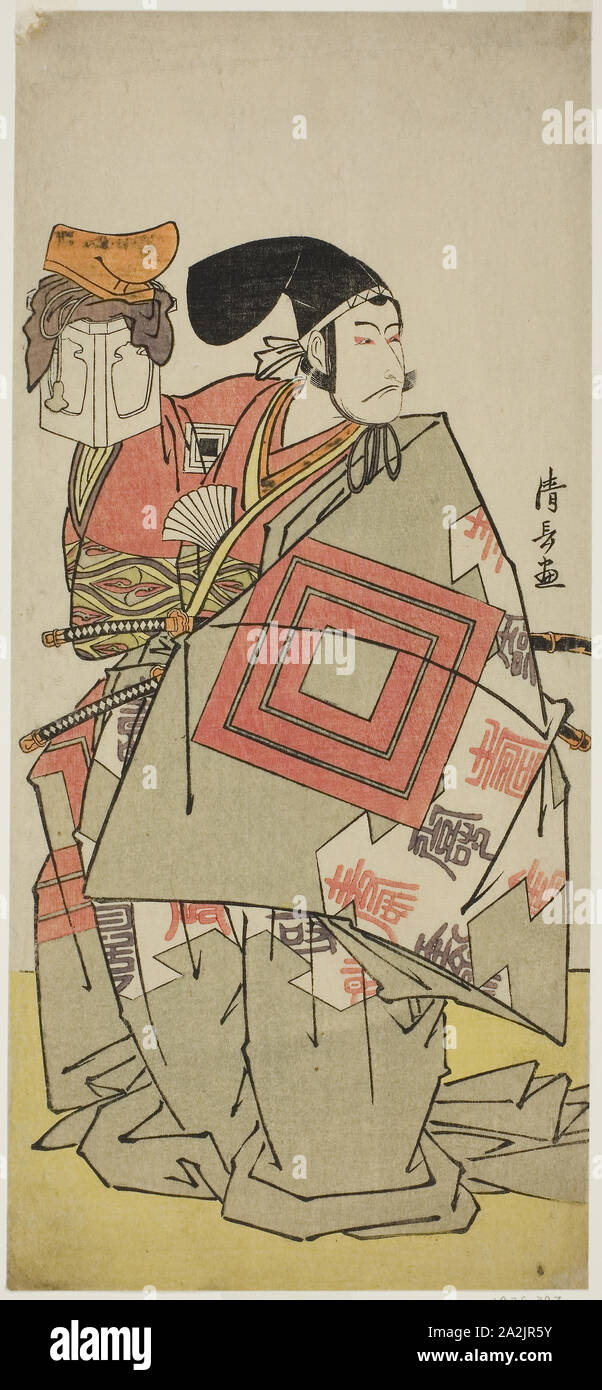 The Actor Ichikawa Danjuro V as Minamoto no Yoshiie, in the play Date Nishiki Tsui no Yumitori, performed at the Morita Theater in the eleventh month, 1778 (?), 1778, Torii Kiyonaga, Japanese, 1752-1815, Japan, Color woodblock print, hosoban, 32.7 x 14.8 cm Stock Photo