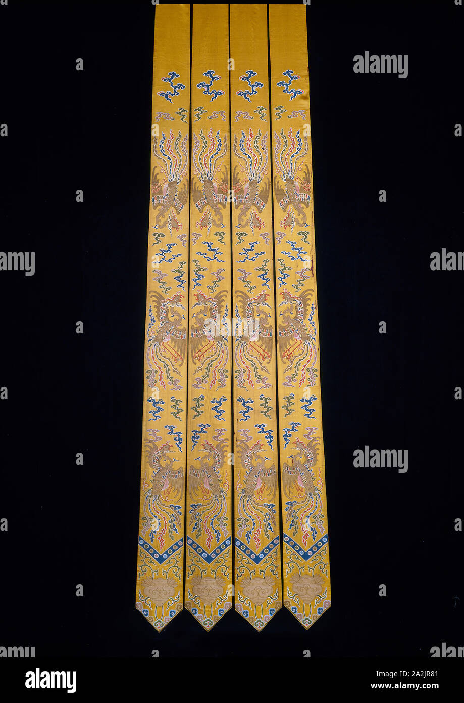 Pendents (For Bed Curtains), Qing dynasty(1644–1911), 1736/95, Manchu, China, Silk, gold-leaf-over-lacquered-paper strips, and gold-leaf-over-lacquered-paper-strip-wrapped silk, warp-float faced 7:1 satin weave with supplementary brocading wefts bound in weft-float faced 1:3 'S' twill interlacings, a: 270.3 × 19.2 cm (106 3/8 × 7 1/2 in Stock Photo