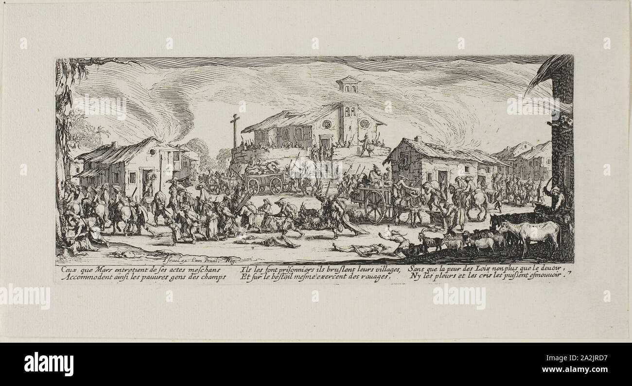 Plundering and Burning a Village, plate seven from The Miseries of War, 1633, Jacques Callot (French, 1592-1635), published by Israël Henriet (French, 1590-1661), France, Etching on paper, 82 × 187 mm (plate), 120 × 223 mm (sheet Stock Photo