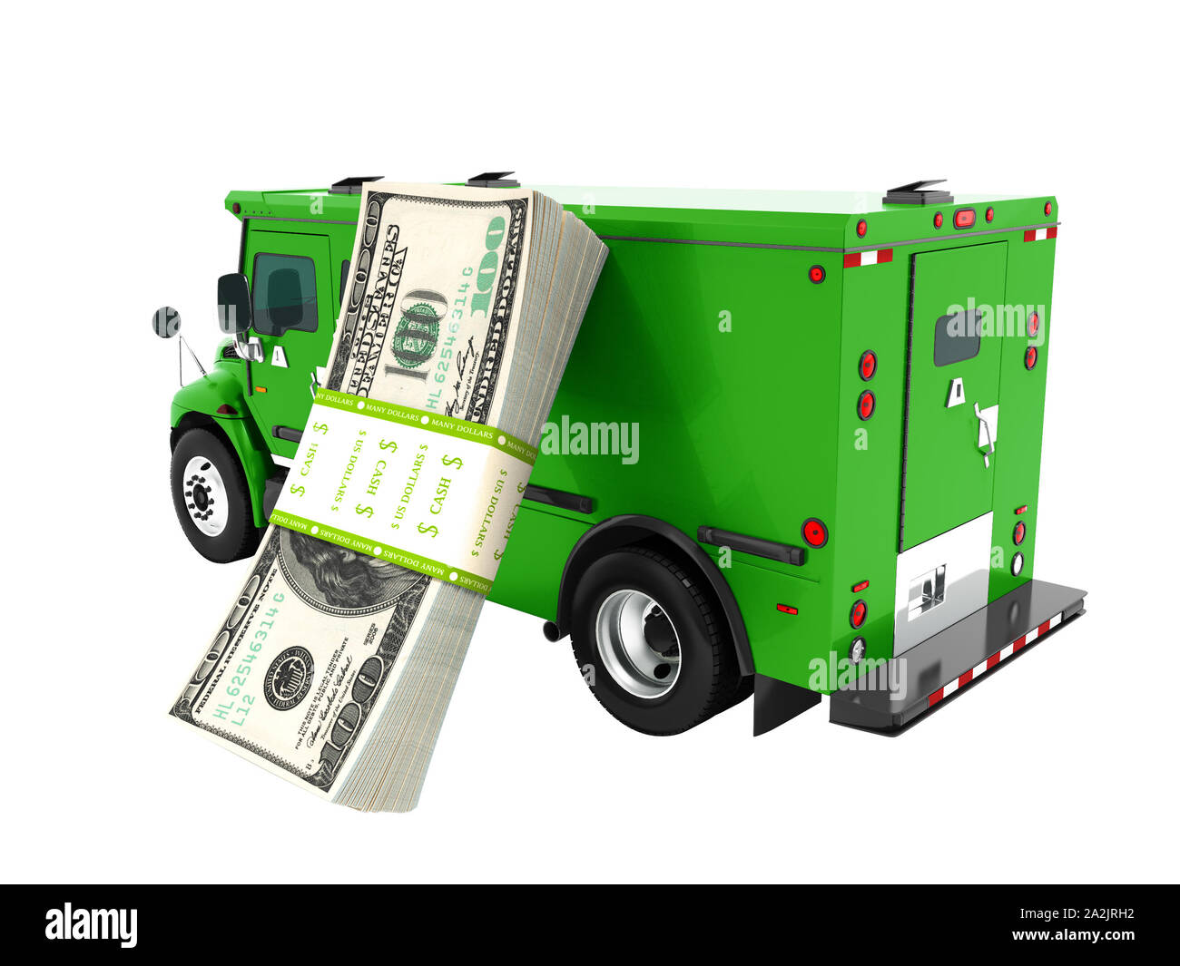 Modern transport concept stack of dollars in green cargo bank with armored car, side view 3d render on white background no shadow Stock Photo