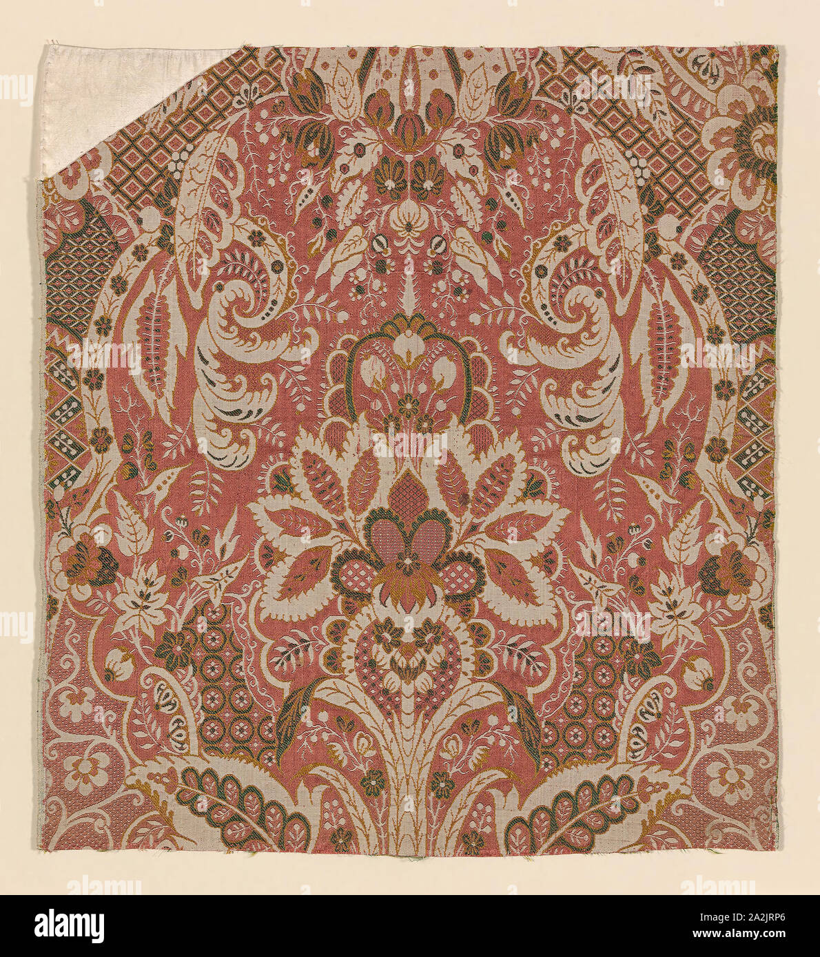 Fragment, 1722/27, France, Silk, warp-float faced 7:1 satin weave with supplemenatry patterning wefts bound in 3:1 twill interlacings and self-patterning ground wefts tied by supplementary binding warps in plain interlacing, 55.8 × 51.1 cm (22 × 20 1/8 in Stock Photo