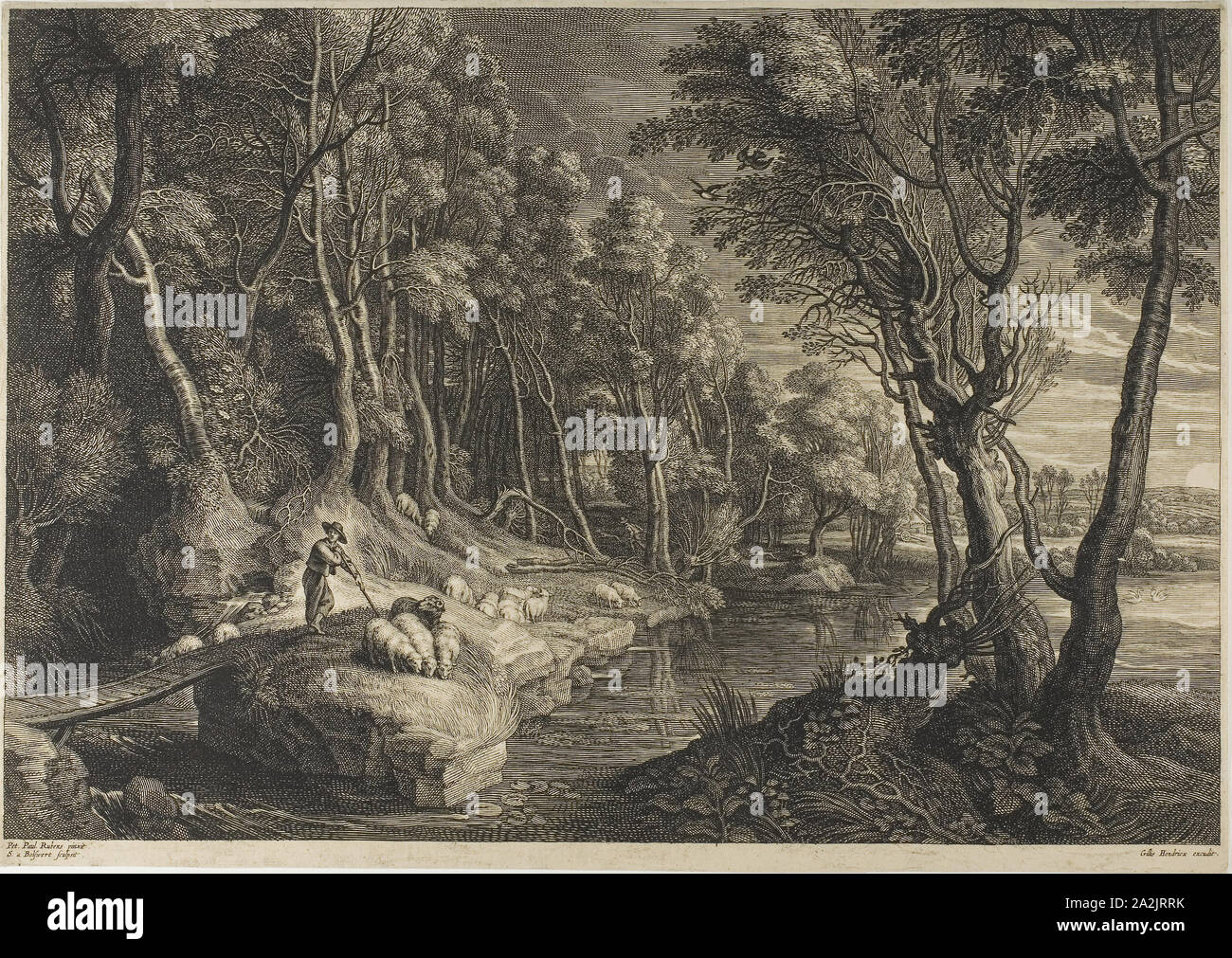 Forest Crossed by a Stream, from The Small Landscapes, c. 1638, Schelte Adamsz. Bolswert (Dutch, active in Flanders, c. 1586–1659), after Peter Paul Rubens (Flemish, c. 1577-1640), Flanders, Engraving on cream laid paper, 304 × 443 mm (image), 317 × 450 mm (plate/sheet Stock Photo