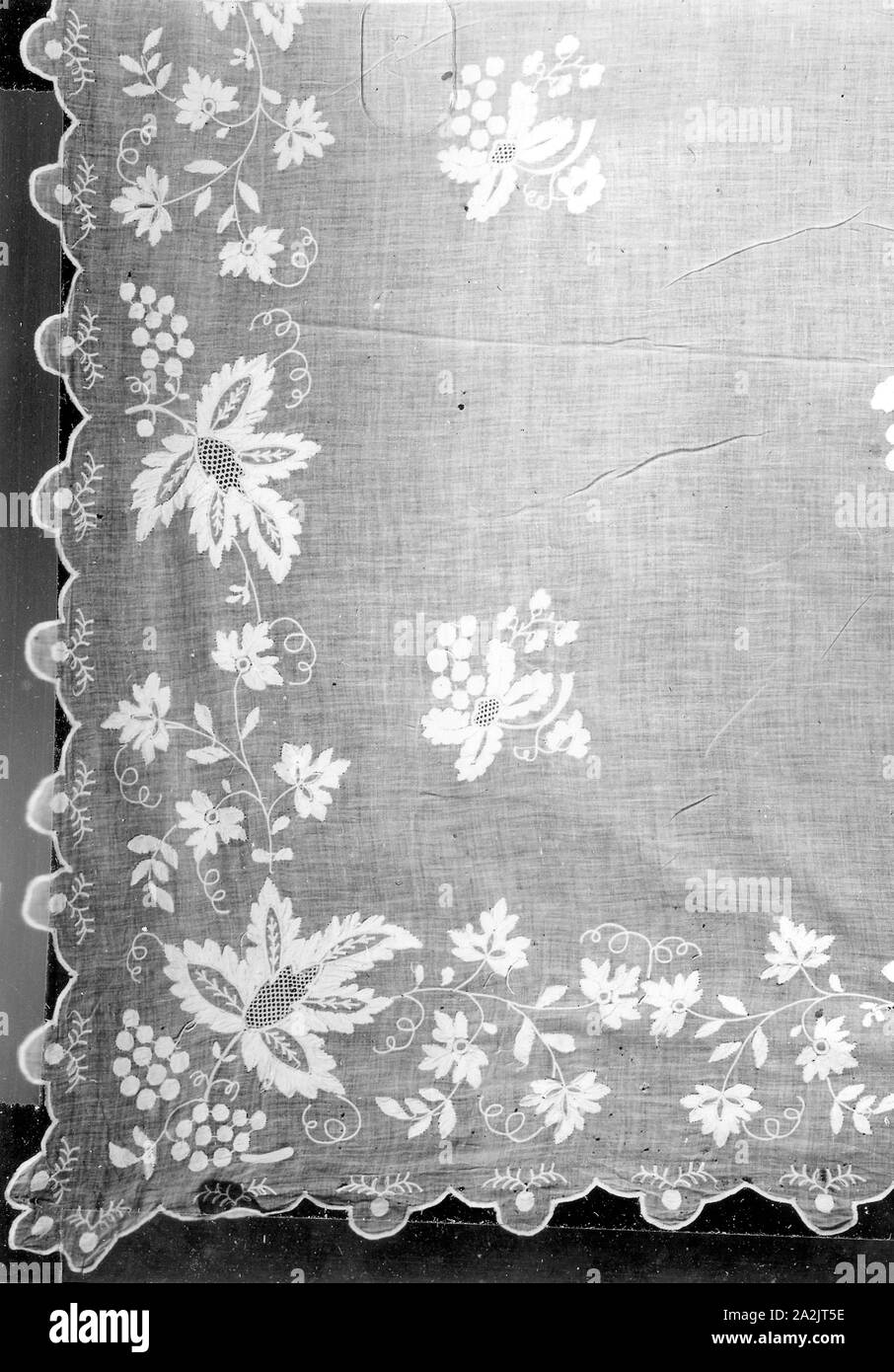 Bedcover, 19th century, France, Muslin, embroidered with cotton in tambour stitch and drawn work Stock Photo