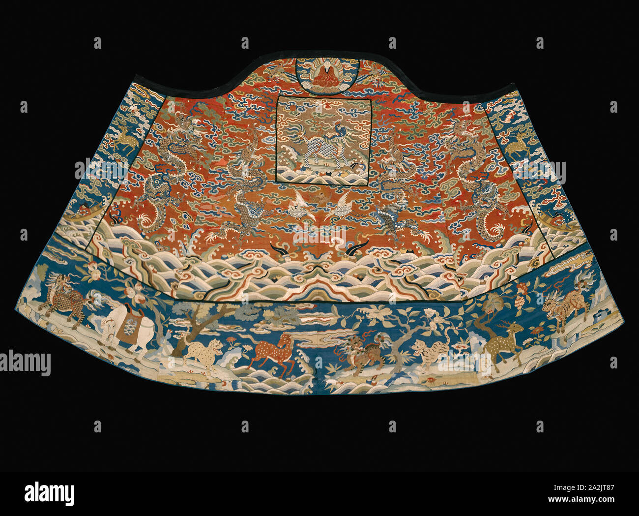 Buddhist Monk’s Cape (Incomplete), Qing dynasty (1644–1911), 1650/1700, China, Silk, gold-leaf-over-lacquered-paper-strip-wrapped silk, and peacock feathers, slit tapestry weave with interlaced outlining wefts, painted details, edged with silk, warp-float faced 7:1 satin weave, top facing edged with silk, plain weave, lined with silk, plain weave, 128.3 × 225.8 cm (50 1/2 × 89 in Stock Photo