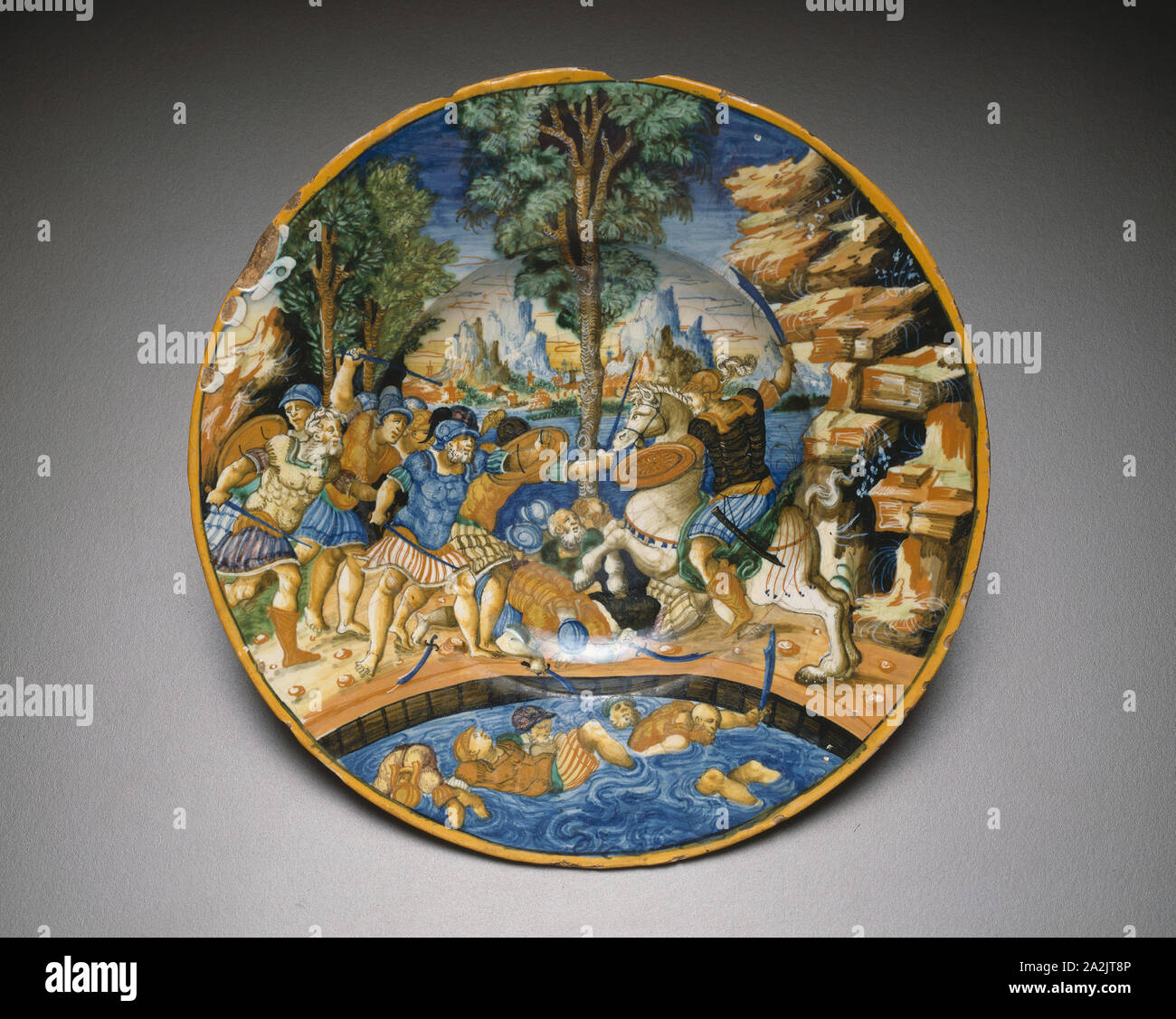 Plate with Horatio at the Bridge, c. 1535, Italian, Urbino, Urbino, Tin-glazed earthenware (maiolica), Diameter: 26 cm (10 1/4 in Stock Photo