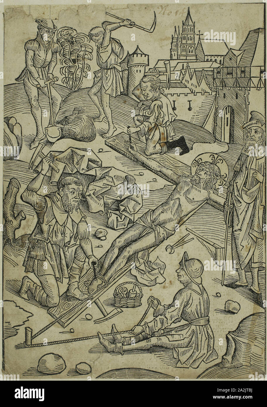 Christ Nailed to the Cross, page 85 from the Treasury (Schatzbehalter), 1491, Michael Wolgemut and Workshop (German, 1434/37–1519), published by Anton Koberger (German, 1440–1513), Germany, Woodcut on cream laid paper with letterpress on verso, laid down on ivory wove album sheet, 250 x 175 mm (image/block/sheet), 445 x 300 mm (album sheet Stock Photo