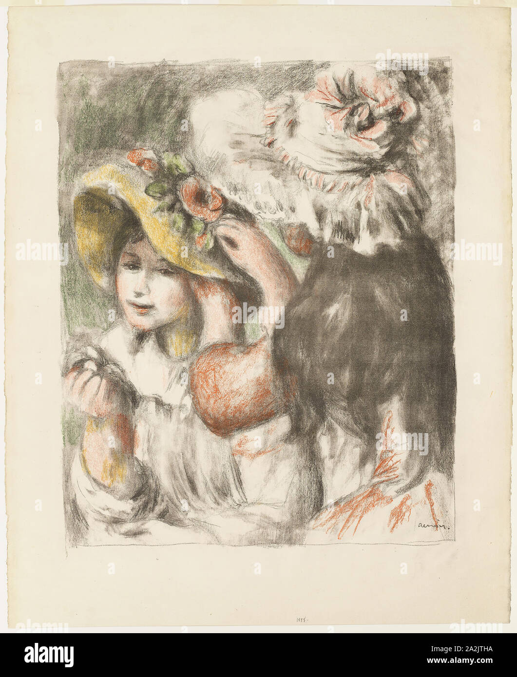 Pinning the Hat, 1898, Pierre Auguste Renoir (French, 1841-1919), printed by Auguste Clot (French, 1858-1936), France, Lithograph from five stones in black, orange, salmon, yellow and green on ivory laid paper, 769 × 625 mm Stock Photo