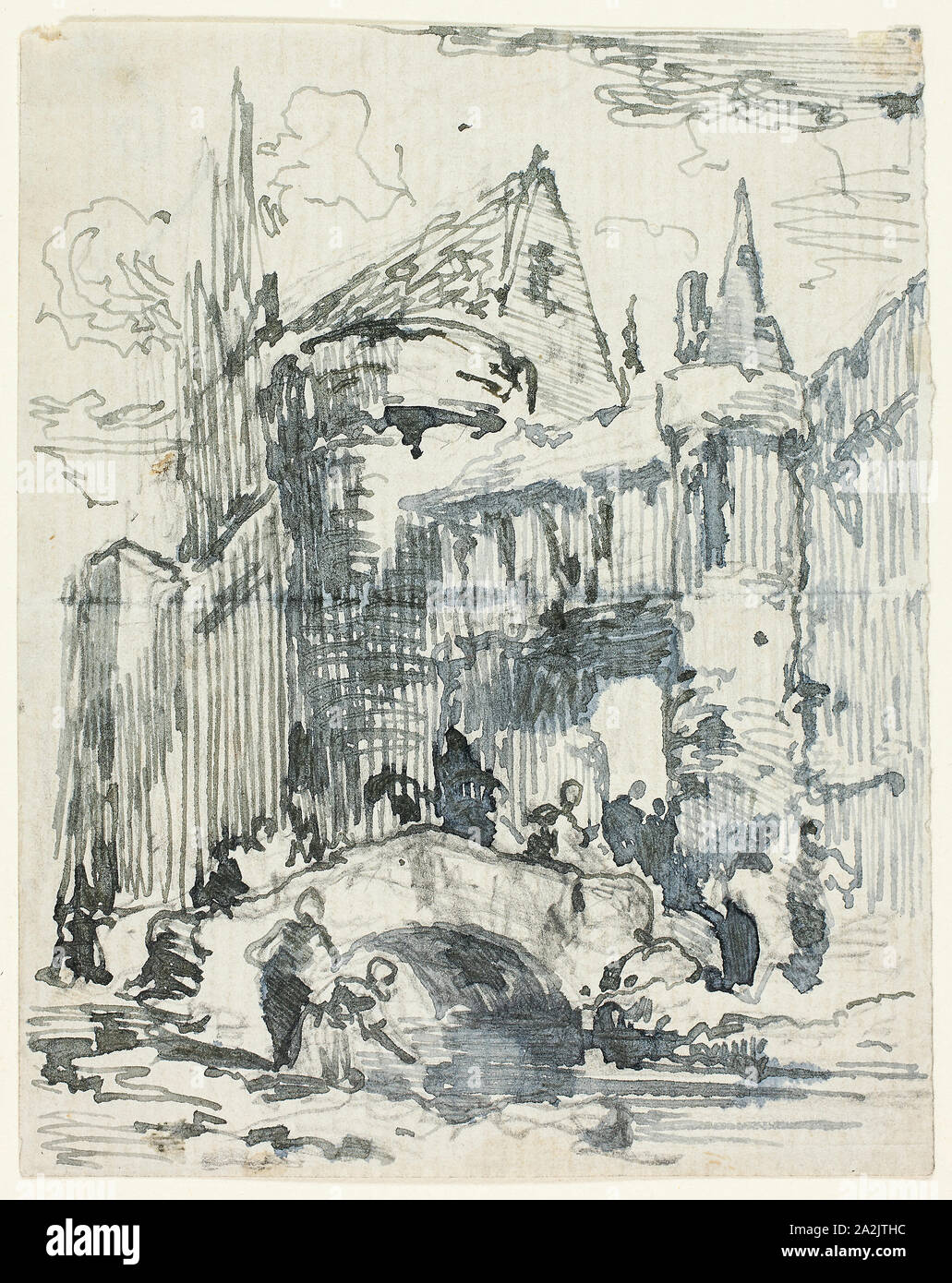 Town Bridge and Portal, 1820/39, Possibly William Leighton Leitch, Scottish, 1804-1883, Scotland, Pen and gray ink over graphite on gray laid paper, 134 x 106 mm Stock Photo