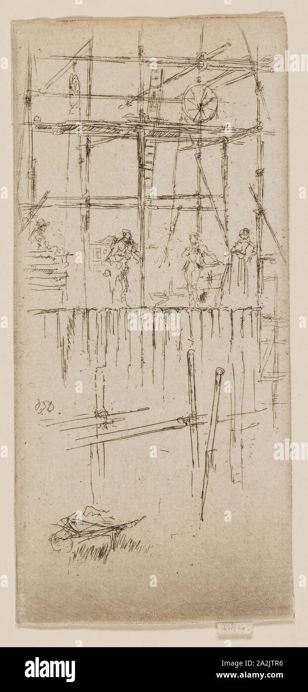 Savoy Scaffolding, 1887, James McNeill Whistler, American, 1834-1903, United States, Etching in black ink on off-white laid paper, 177 x 81 mm (plate), 181 x 81 mm (sheet Stock Photo