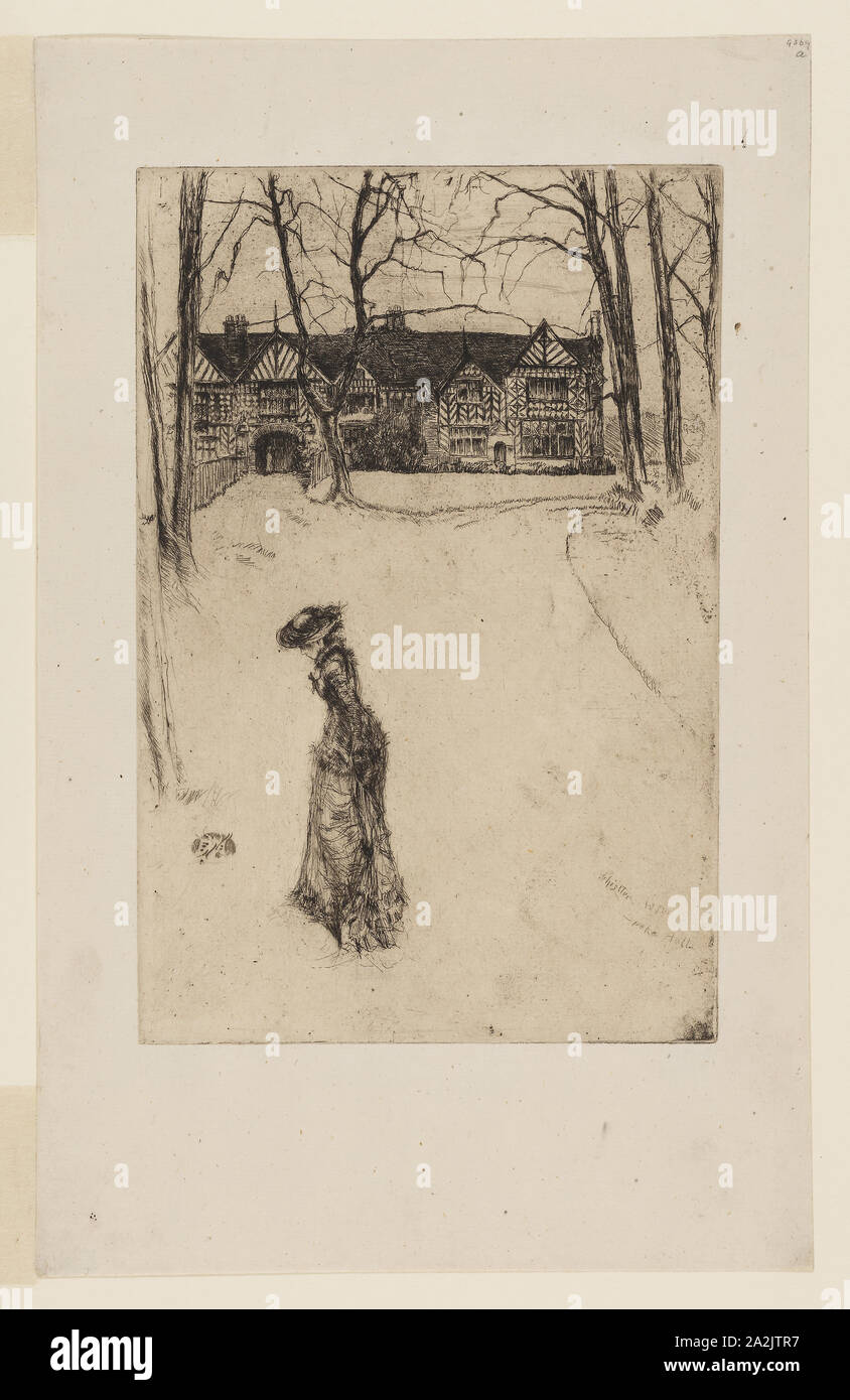 Speke Hall: The Avenue, 1870–1878, James McNeill Whistler, American, 1834-1903, United States, Etching and drypoint with foul biting in dark brown ink on ivory laid paper, 226 x 151 mm (plate), 318 x 200 mm (sheet Stock Photo