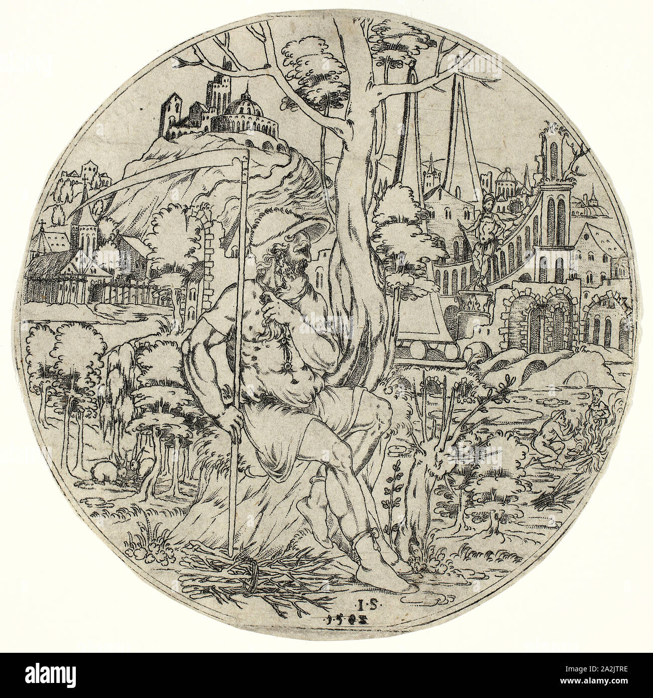 Circular Design with Saturn, 1583, Jonas Silber (Master J.S.), German, active 1572-1590, Germany, Punched engraving on buff laid paper, 120 x 120 mm Stock Photo