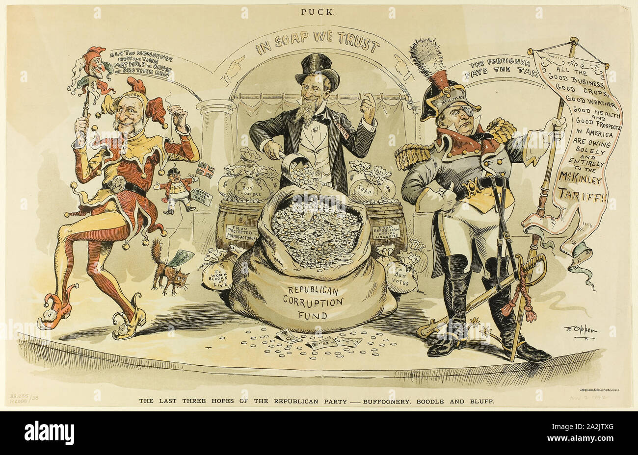 The Last Three Hopes of the Republican Party, from Puck, 1892, Frederick Burr Opper, American, 1857-1937, United States, Color lithograph on newsprint, 308 x 480 mm Stock Photo