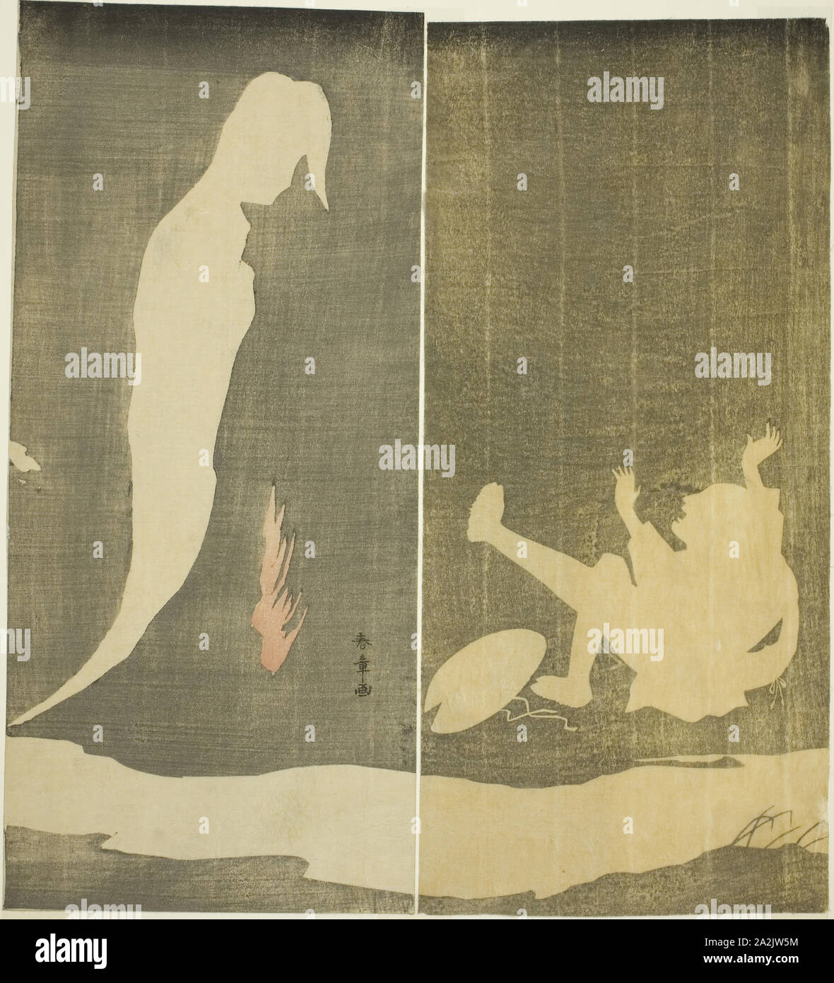 Man Falling Backward, Startled by a Woman’s Ghost over a River, c. 1782, Katsukawa Shunsho 勝川 春章, Japanese, 1726-1792, Japan, Color woodblock print, hosoban diptych, Right: 31.5 x 14.2 cm (12 3/8 x 5 9/16 in.), left: 31.7 x 14.2 cm (12 1/2 x 5 9/16 in Stock Photo