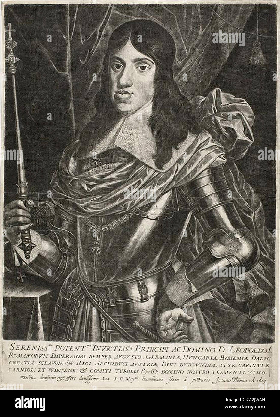 Emperor Leopold I, c. 1659, Jan Thomas, Flemish, 1617-1673, Flanders, Mezzotint on ivory laid paper, 498 × 401 mm (portrait plate), 65 × 398 mm (inscription plate Stock Photo