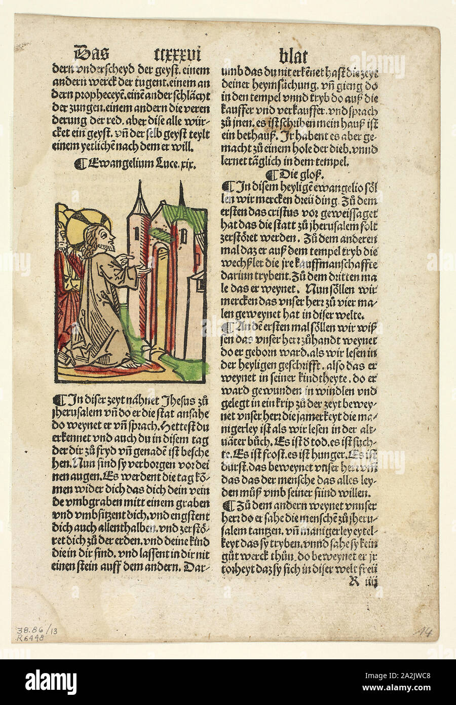 Jesus Foretelling the Destruction of Jerusalem from Spiegel menschlicher Behältnis (The Mirror of Human Salvation), Plate 13 from Woodcuts from Books of the 15th Century, 1500, portfolio assembled 1929, Unknown Artist  (Augsburg, 15th century), printed and published by Johann Schönsperger the Elder (German, c. 1455–1521), portfolio text by Wilhelm Ludwig Schreiber (German, 1855–1932), Germany, Woodcut in black with hand-colored additions, and letterpress in black (recto and verso), on buff laid paper, tipped onto cream wove paper mat, 83 x 63 mm (image), 257 x 176 mm (sheet Stock Photo