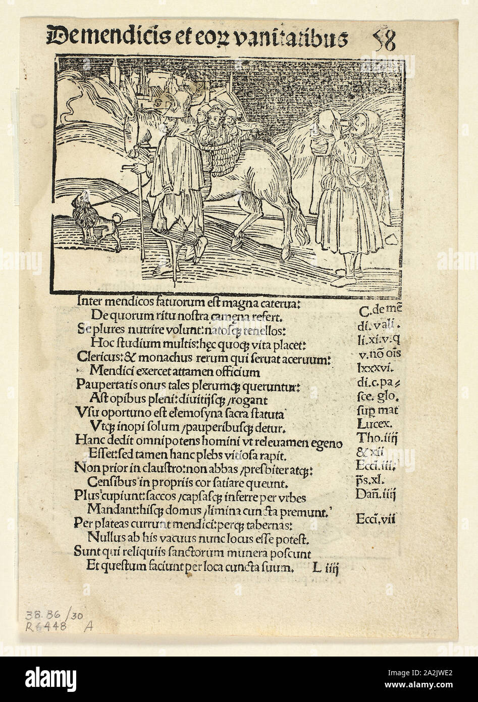 Beggars and Their Vanities (recto) and Of Irate Women (verso) from Navis Stultifera (Ship of Fools), Plate 30 from Woodcuts from Books of the 15th Century, 1497, portfolio assembled 1929, Unknown Artist (Strasbourg, late 15th century), printed and published by Johann Reinhard Grüninger (German, c. 1455–1532), original text by Sebastian Brant (German, 1457–1521), portfolio text by Wilhelm Ludwig Schreiber (German, 1855–1932), Germany, Woodcut and letterpress in black (recto and verso) on cream laid paper, tipped onto cream wove paper mat, 76 x 111 mm (image, recto), 78 x 111 mm (image, verso Stock Photo