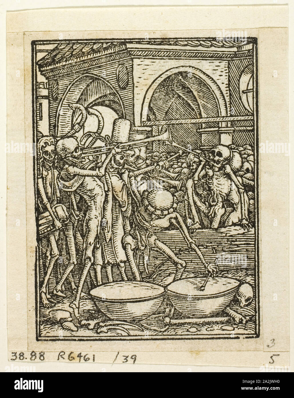 Dance of Death, plate 39 from Woodcuts from Books of the XVI Century, 1567, assembled into portfolio 1937, Hans Holbein, the Younger, after (German, c.1497-1543), assembled by Max Geisberg (Swiss, 1875-1943), Germany, Woodcut on paper, 66 × 50 mm (image), 80 × 62 mm (sheet Stock Photo