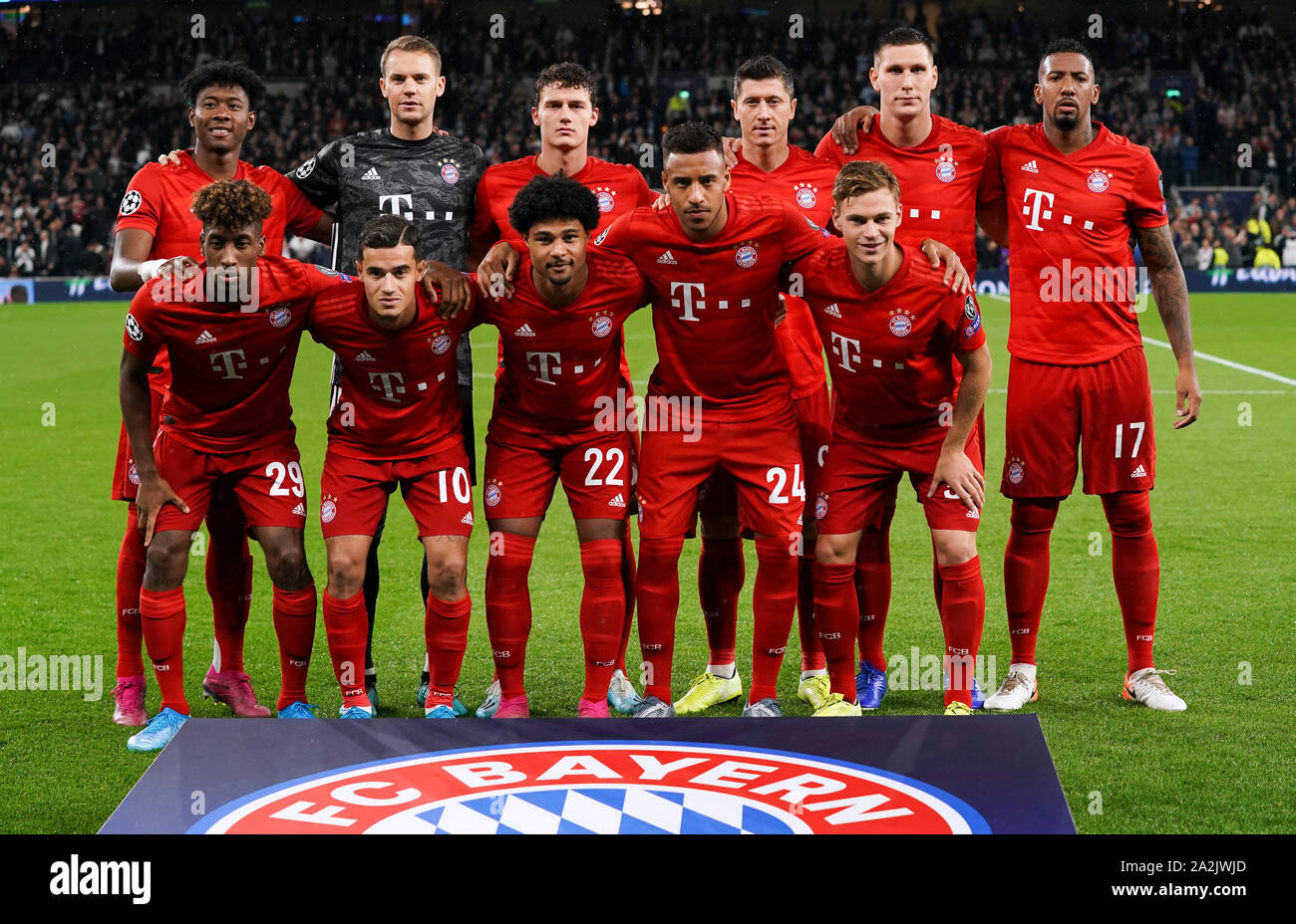 Bayern Munich Team Photo. Top row (left to right) David Alaba, Manuel Neuer, Benjamin Pavard, Robert Lewandowski, Niklas Sule and Jerome Boateng. Bottom row (left to right) Kingsley Coman, Philippe Coutinho, Serge Gnabry, Corentin Tolisso and Joshua Kimmich prior to the beginning of the UEFA Champions League match at Tottenham Hotspur Stadium, London. Stock Photo