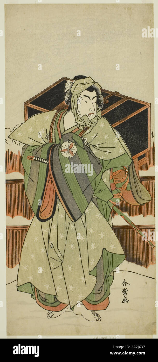 The Actor Matusmto Koshiro IV as Ise no Saburo Disguised as Mizoro no Sabu in the Play Mure Takamatsu Yuki no Shirahata, Performed at the Ichimura Theater in the Eleventh Month, 1780, c. 1780, Katsukawa Shunjo, Japanese, died 1787, Japan, Color woodblock print, hosoban, 32.2 x 14.5 cm (12 11/16 x 5 11/16 in Stock Photo