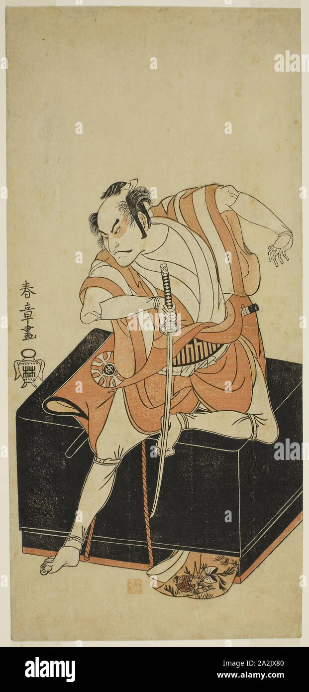 The Actor Nakamura Nakazo I as Izu no Jiro Disguised as Kemmaku no Sabu in the Play Edo-zakura Sono Omokage, Performed at the Nakamura Theater in the Fifth Month, 1769, c. 1769, Katsukawa Shunsho 勝川 春章, Japanese, 1726-1792, Japan, Color woodblock print, hosoban, 31.2 x 14.7 cm (12 5/16 x 5 13/16 in Stock Photo