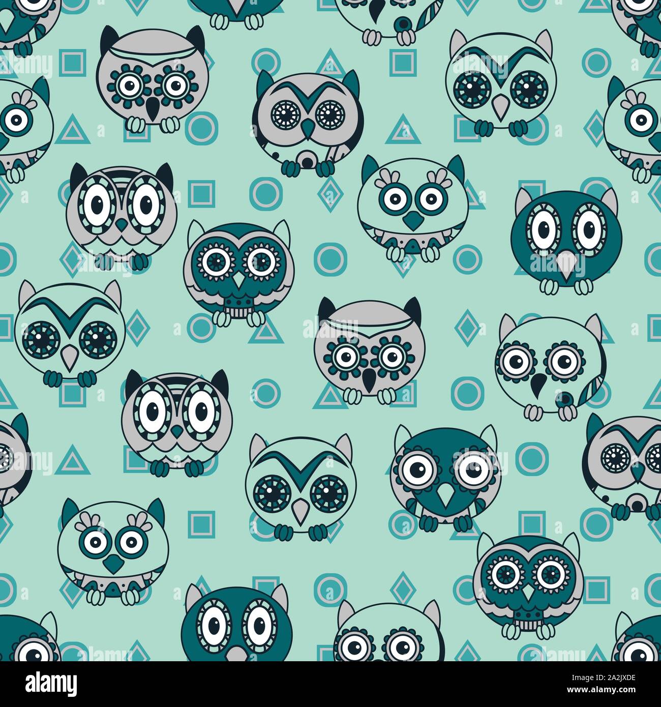 Seamless texture with cartoon owls for baby decoration in turquoise and blue hues, background can be used as a separate seamless pattern Stock Vector