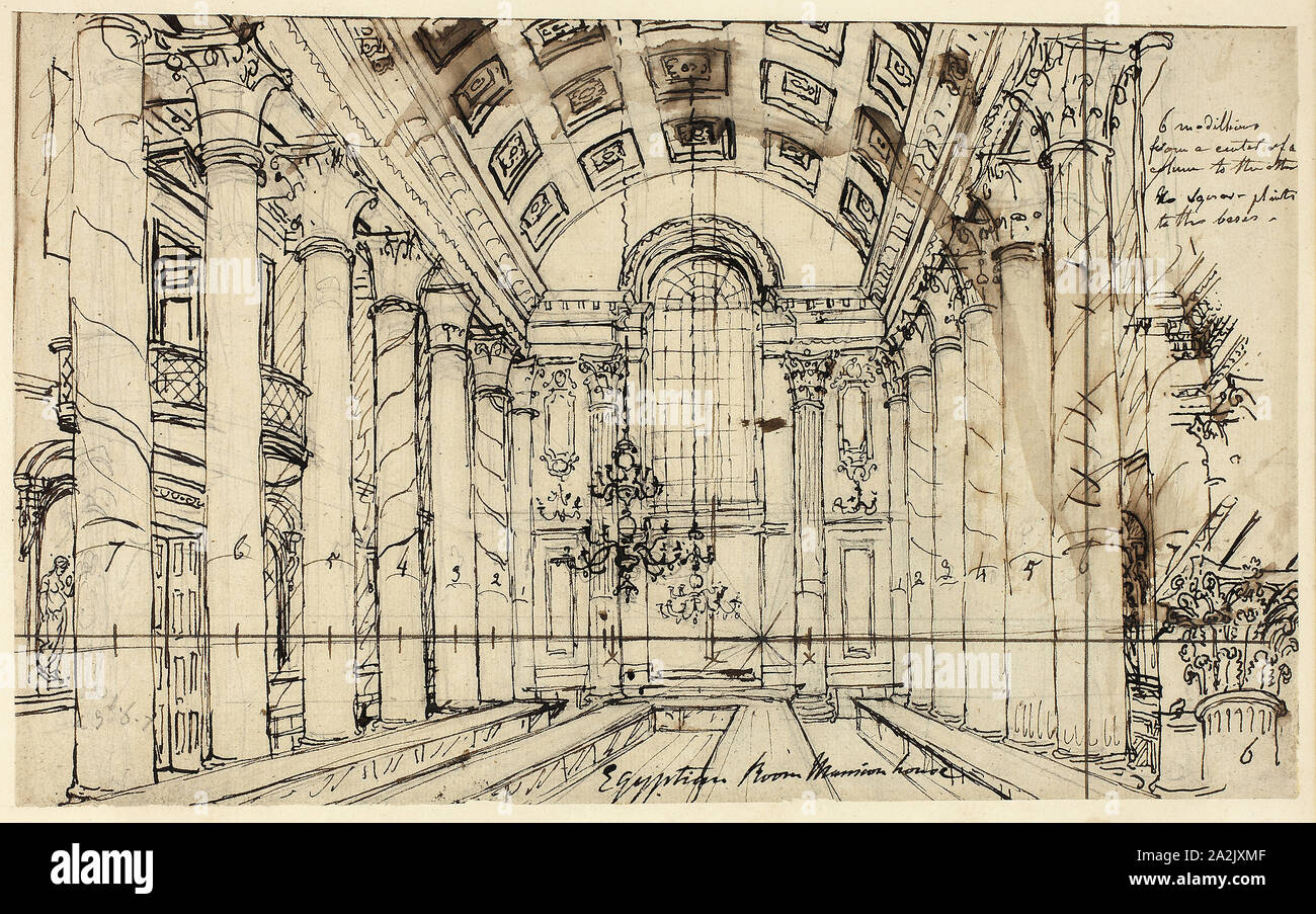 Study for Egyptian Hall Mansion House, from Microcosm of London, c. 1809, Augustus Charles Pugin, English, born France, 1762-1832, England, Pen and brown ink over graphite, on cream laid paper, 189 × 306 mm Stock Photo