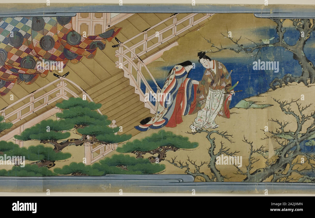Joruri Monogatari, 17th century, School of Iwasa Matabei, Japanese, 1578-1650, Japan, Handscroll, wood case Stock Photo