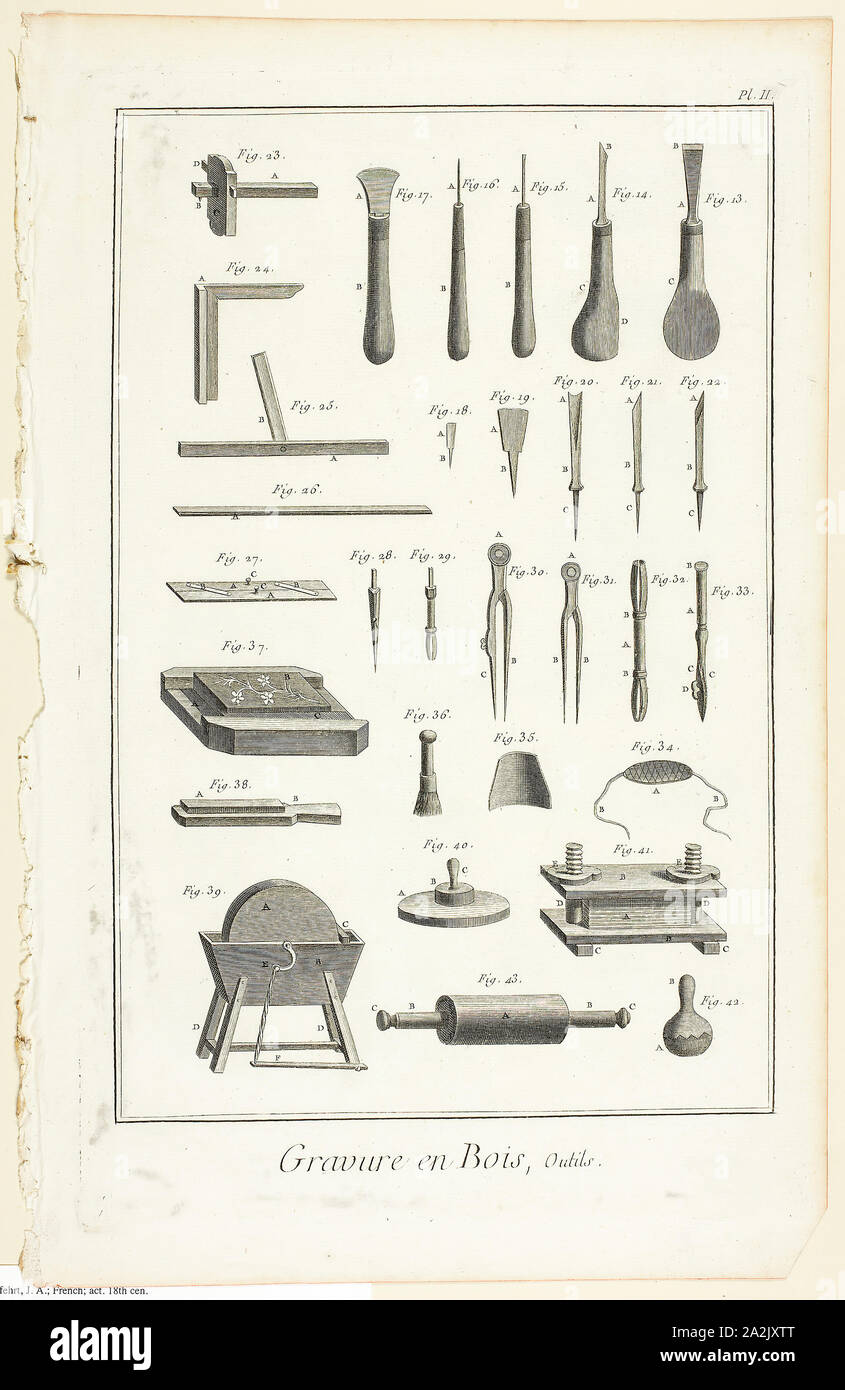 Wood Engraving, Tools, from Encyclopédie, 1762/77, A. J. Defehrt (French, active 18th century), published by André le Breton (French, 1708-1779), Michel-Antoine David (French, c. 1707-1769), Laurent Durand (French, 1712-1763), and Antoine-Claude Briasson (French, 1700-1775), France, Engraving on cream laid paper, 312 × 208 mm (image), 355 × 225 mm (plate), 390 × 255 mm (sheet Stock Photo