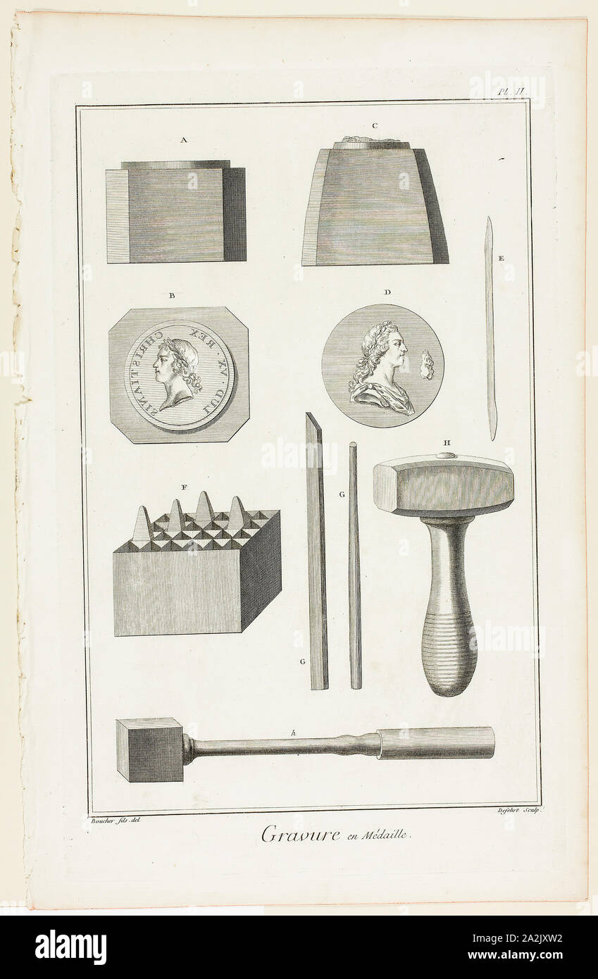 Medal Engraving, from Encyclopédie, 1762/77, A. J. Defehrt (French, active 18th century), after André-Jean-Baptiste Boucher d’Argis (French, 1750-1794), published by André le Breton (French, 1708-1779), Michel-Antoine David (French, c. 1707-1769), Laurent Durand (French, 1712-1763), and Antoine-Claude Briasson (French, 1700-1775), France, Engraving on cream laid paper, 315 × 200 mm (image), 355 × 225 mm (plate), 390 × 255 mm (sheet Stock Photo