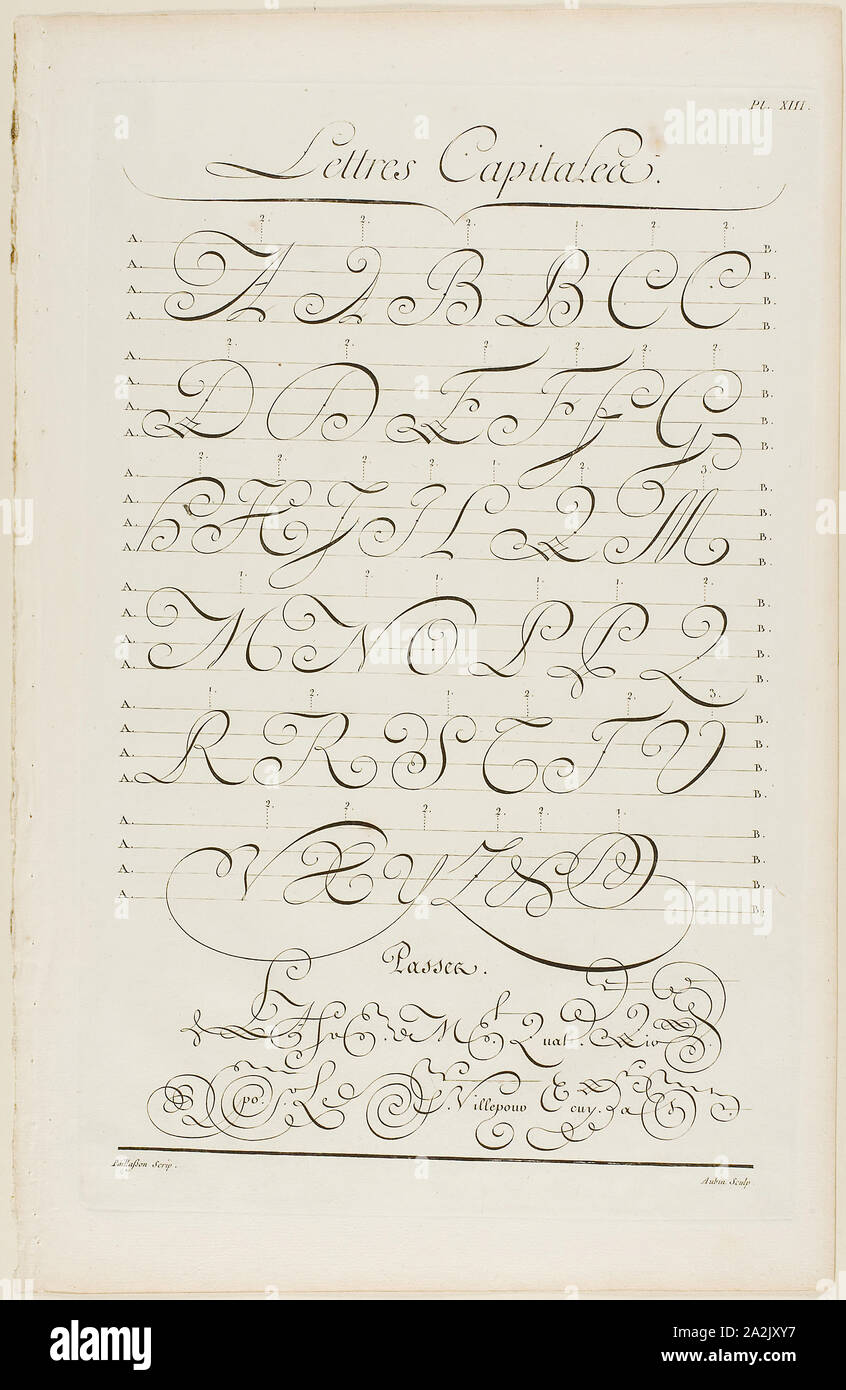Capital Letters, from Encyclopédie, 1760, Aubin (French, active 18th century), after Charles Paillasson (French, 1718-1789), published by André le Breton (French, 1708-1779), Michel-Antoine David (French, c. 1707-1769), Laurent Durand (French, 1712-1763), and Antoine-Claude Briasson (French, 1700-1775), France, Engraving on cream laid paper, 400 × 260 mm Stock Photo