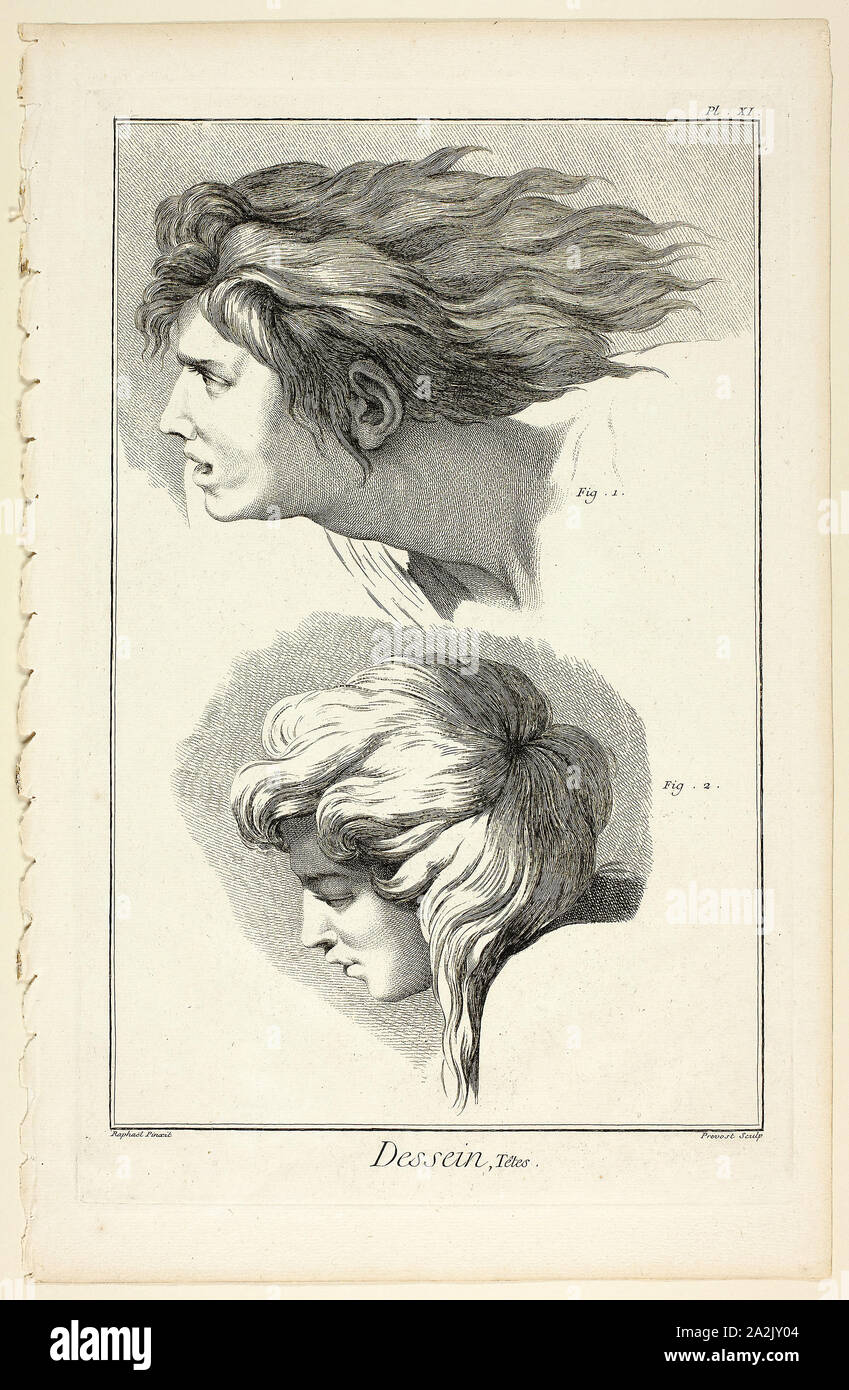 Design: Heads, from Encyclopédie, 1762/77, Benoît-Louis Prévost (French, c. 1735-1809), after Raffaello Sanzio, called Raphael (Italian, 1483-1520), published by André le Breton (French, 1708-1779), Michel-Antoine David (French, c. 1707-1769), Laurent Durand (French, 1712-1763), and Antoine-Claude Briasson (French, 1700-1775), France, Etching, with engraving, on cream laid paper, 321 × 207 mm (image), 355 × 227 mm (plate), 400 × 260 mm (sheet Stock Photo