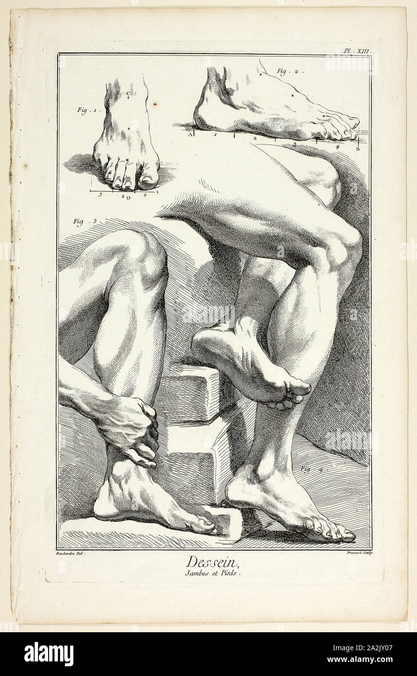 Design: Legs and Feet, from Encyclopédie, 1762/77, Benoît-Louis Prévost (French, c. 1735-1809), after Bouchardon (probably Edme), (French, active 18th century), published by André le Breton (French, 1708-1779), Michel-Antoine David (French, c. 1707-1769), Laurent Durand (French, 1712-1763), and Antoine-Claude Briasson (French, 1700-1775), France, Etching, with engraving, on cream laid paper, 323 × 205 mm (image), 350 × 220 mm (plate), 400 × 257 mm (sheet Stock Photo