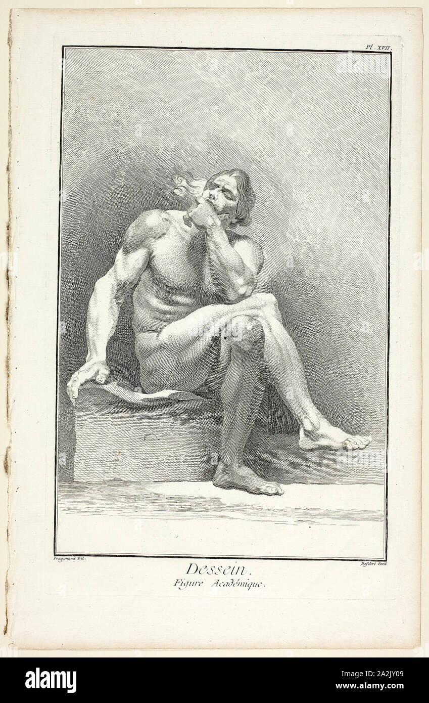 Design: Academic Figure, from Encyclopédie, 1762/77, A. J. Defehrt (French, active 18th century), after Jean Honoré Fragonard (French, 1732-1806), published by André le Breton (French, 1708-1779), Michel-Antoine David (French, c. 1707-1769), Laurent Durand (French, 1712-1763), and Antoine-Claude Briasson (French, 1700-1775), France, Etching, with engraving, on cream laid paper, 320 × 208 mm (image), 357 × 230 mm (plate), 393 × 253 mm (sheet Stock Photo