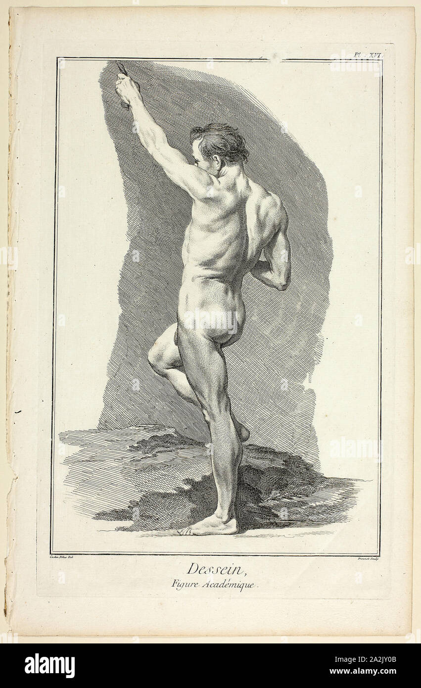 Design: Academic Figure, from Encyclopédie, 1762/77, Benoît-Louis Prévost (French, c. 1735-1809), after Charles-Nicholas Cochin, the younger (French, 1715-1790), published by André le Breton (French, 1708-1779), Michel-Antoine David (French, c. 1707-1769), Laurent Durand (French, 1712-1763), and Antoine-Claude Briasson (French, 1700-1775), France, Etching, with engraving, on cream laid paper, 311 × 210 mm (image), 354 × 225 mm (plate), 400 × 260 mm (sheet Stock Photo
