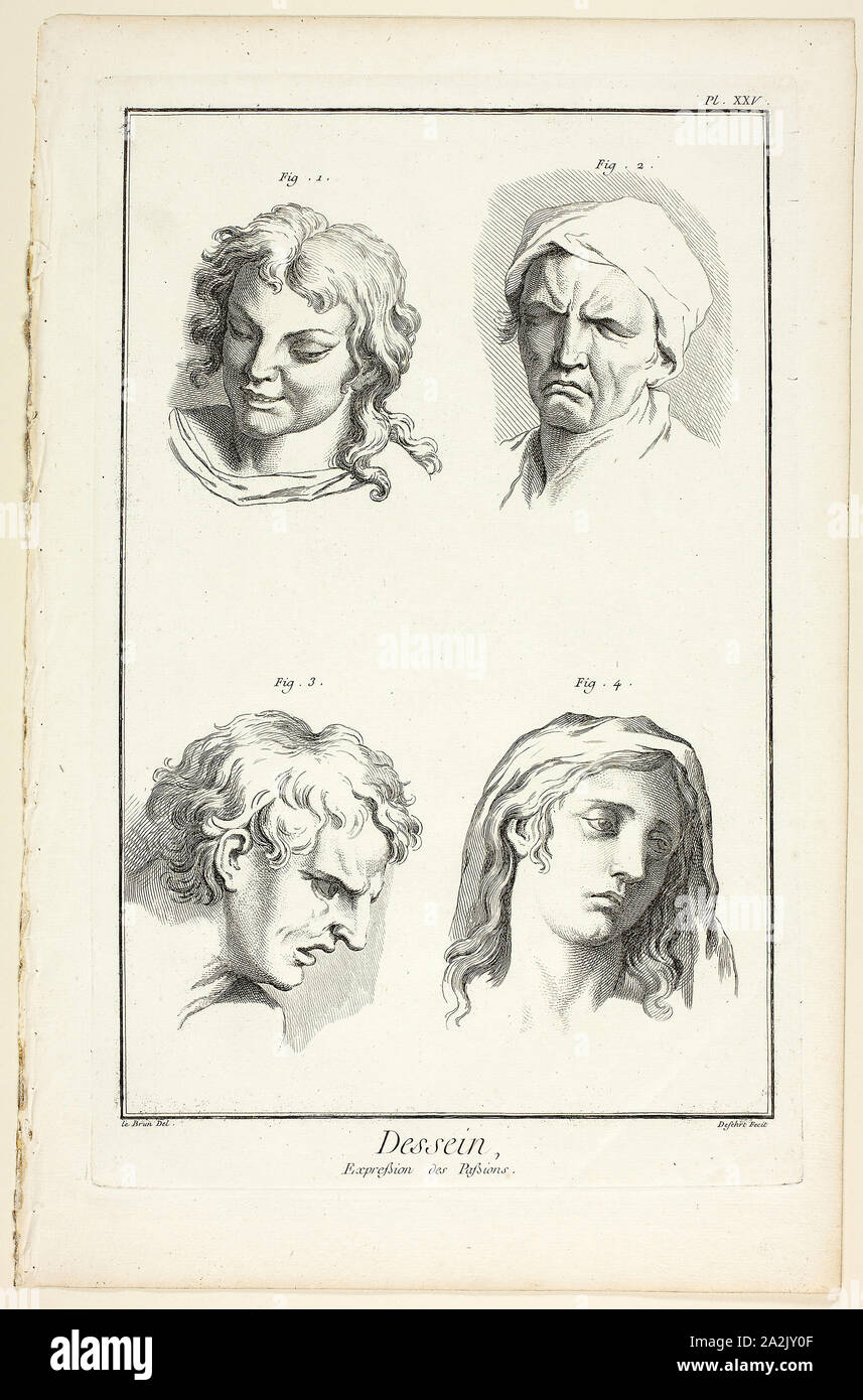 Drawing: Expressions of Emotion (Laughter, Weeping, Compassion, Sadness), from Encyclopédie, 1762/77, A. J. Defehrt (French, active 18th century), after Charles le Brun (French, active 17th century-1765), published by André le Breton (French, 1708-1779), Michel-Antoine David (French, c. 1707-1769), Laurent Durand (French, 1712-1763), and Antoine-Claude Briasson (French, 1700-1775), France, Etching with engraving on cream laid paper, 317 × 206 mm (image), 350 × 225 mm (plate), 400 × 260 mm (sheet Stock Photo