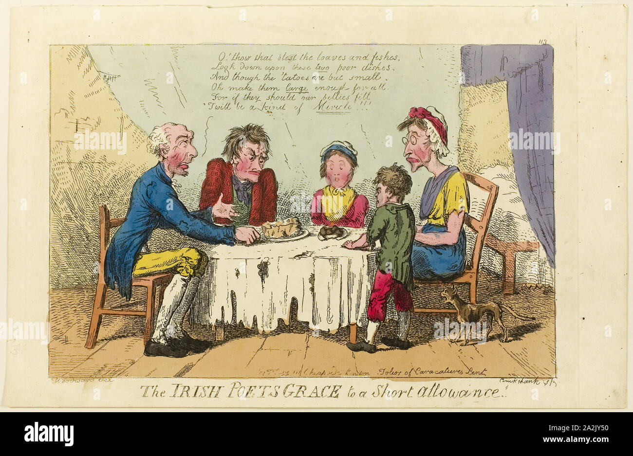 Irish Poets Grace to Short Allowance!, 1805–1810, Isaac Cruikshank (English, 1764-1811), published by Thomas Tegg (English, 1776-1846), England, Etching with hand-coloring on wove paper, 210 × 320 mm (image), 252 × 390 mm (sheet, cut within plate mark Stock Photo