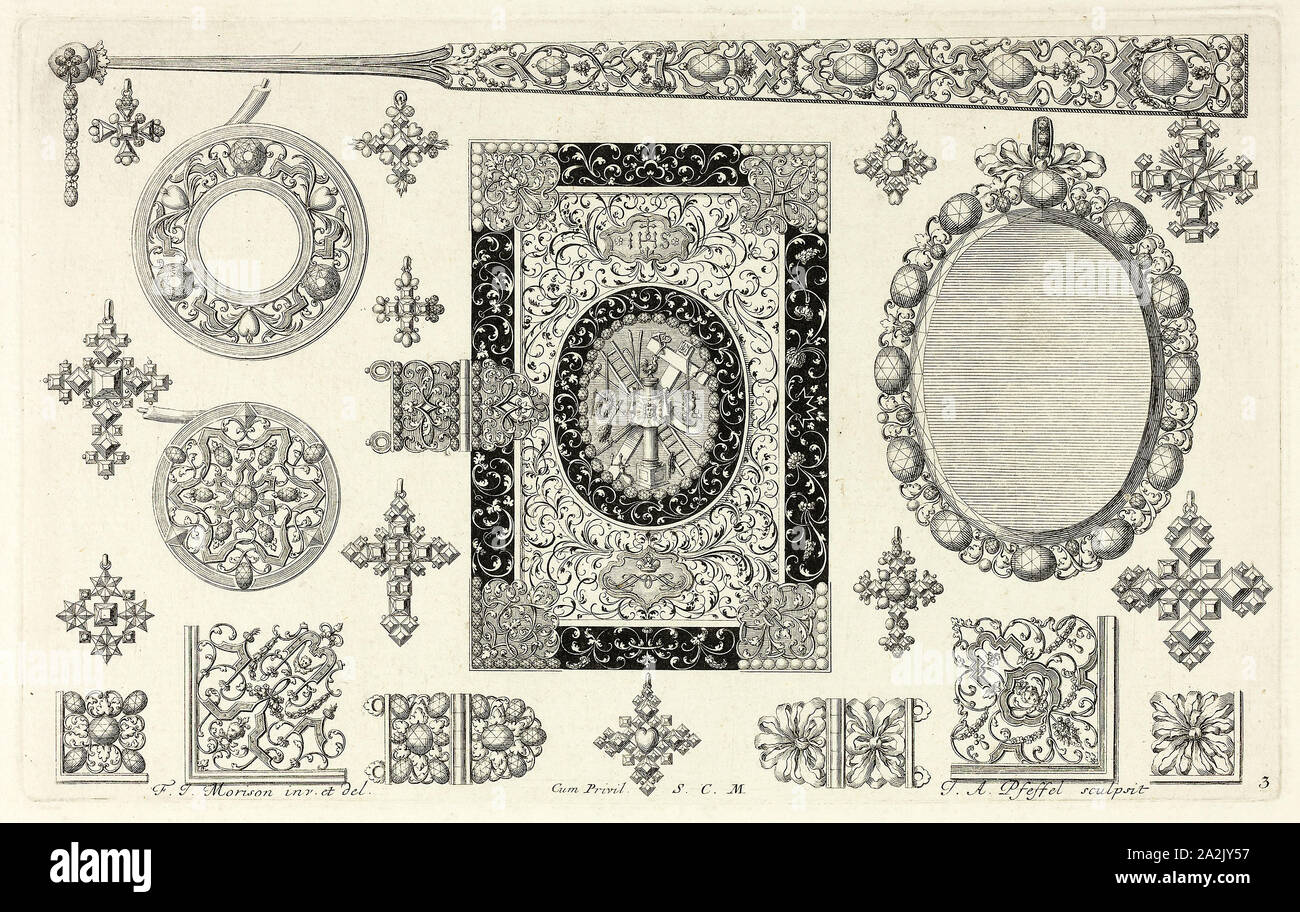 Designs for Jewelry, before 1697, Joannes Andreas Pfeffel I (German, 1674-1748), after Friedrich Jacob Morisson (German, act. 1693-1697), Germany, Engraving on cream laid paper, 150 x 245 mm (image/plate), 250 x 365 mm (sheet Stock Photo