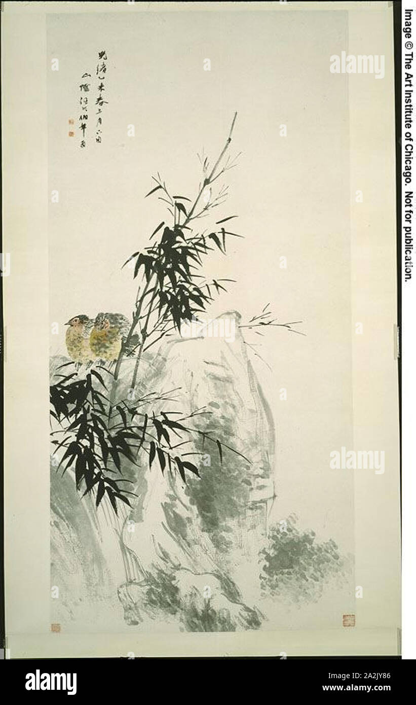 Partridges and Bamboo, Qing dynasty (1644–1911), Ren Yi [Ren Bonian], Chinese, 1840-1895, China, Hanging scroll, ink and colors on paper, 134.6 × 66.6 cm (53 × 26 1/4 in Stock Photo