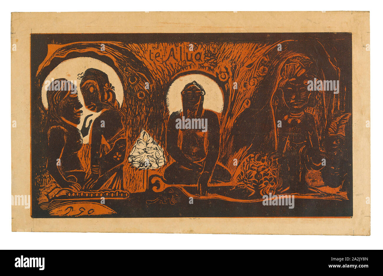 Te atua (The God), from the Noa Noa Suite, 1894, Paul Gauguin (French, 1848-1903), printed in collaboration with Louis Roy (French, 1862-1907), France, Wood-block print in black ink, over a stenciled dark-red-ink tone block, on cream wove paper (an imitation Japanese vellum), 206 × 357 mm (image), 247 × 397 mm (sheet Stock Photo