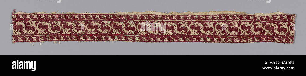 Border, 17th century, Spain, Linen, plain weave, embroidered with silk floss, in back and long-armed cross stitches, 8.1 x 65.3 cm (3 1/4 x 25 5/8 in Stock Photo