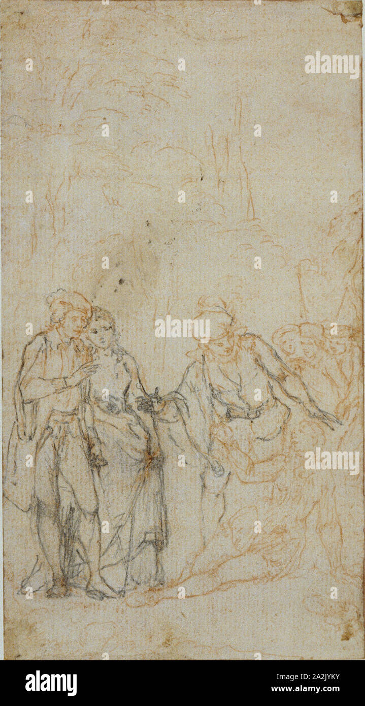 Unidentified Literary Illustration with a Group of Figures Surrounding Reclining Figure in Landscape, n.d., Hubert François Gravelot, French, 1699-1773, France, Graphite, over red chalk, on cream laid paper, laid down on ivory laid paper, 138 × 76 mm Stock Photo