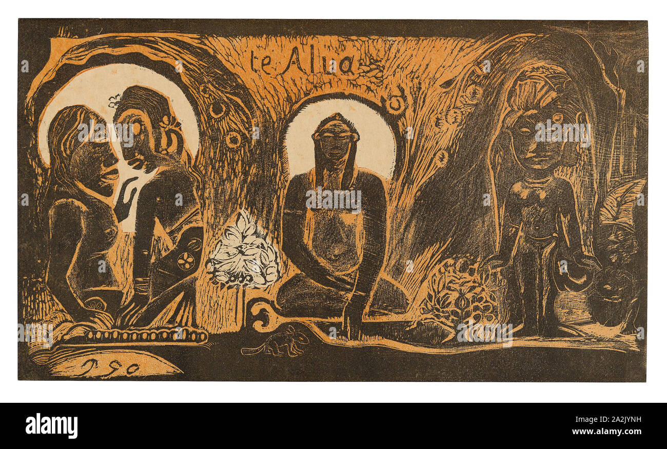 Te atua (The God), from the Noa Noa Suite, 1894, Paul Gauguin (French, 1848-1903), printed in collaboration with Louis Roy (French, 1862-1907), France, Wood-block print in black ink, over a stenciled orange-ink tone block, on cream wove paper (an imitation Japanese vellum), 204 × 355 mm (image/sheet Stock Photo