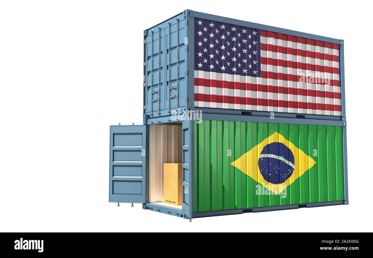 Two freight container with USA and Brasil flag. Isolated on white - 3D Rendering Stock Photo