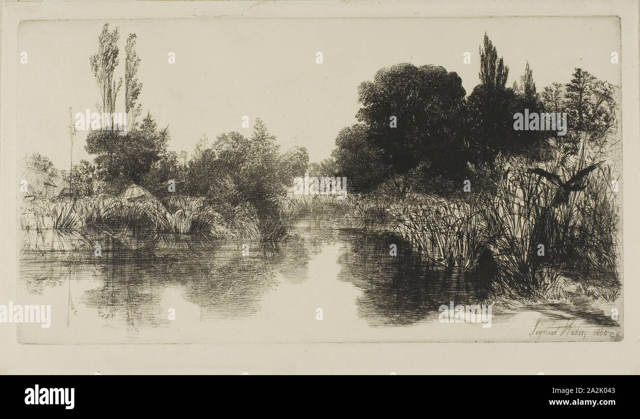 Shere Mill Pond, No. II (large plate), 1860, Francis Seymour Haden, English, 1818-1910, England, Etching with drypoint on cream laid paper, 178 × 332 mm (image/plate), 207 × 352 mm (sheet Stock Photo