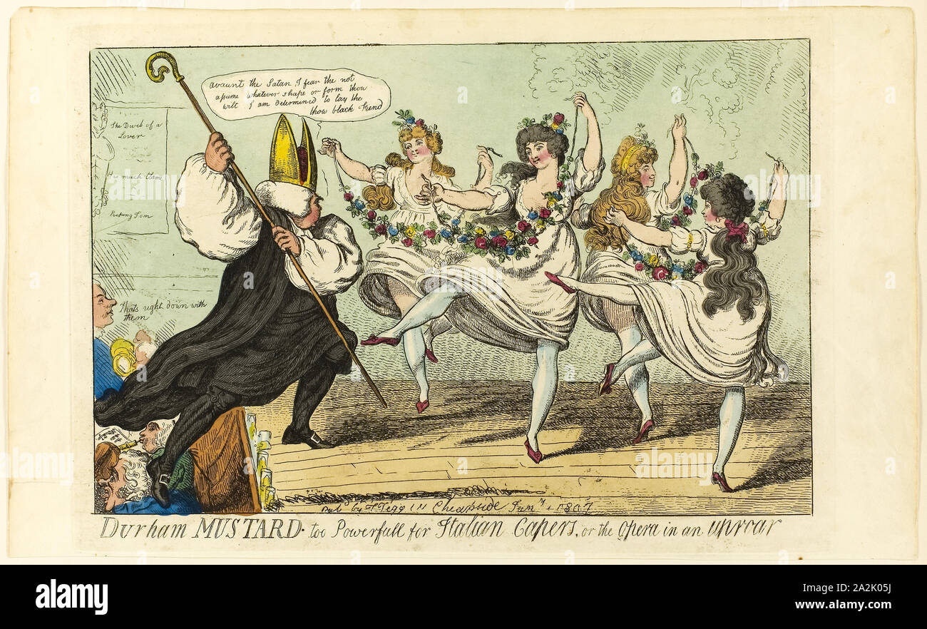 Durham Mustard Too Powerfull for Italian Capers, 1807, Isaac Cruikshank (English, 1764-1811), published by Thomas Tegg (English, 1776-1846), England, Hand-colored etching on paper, 220 × 335 mm (image), 247 × 350 mm (plate), 255 × 425 mm (sheet Stock Photo
