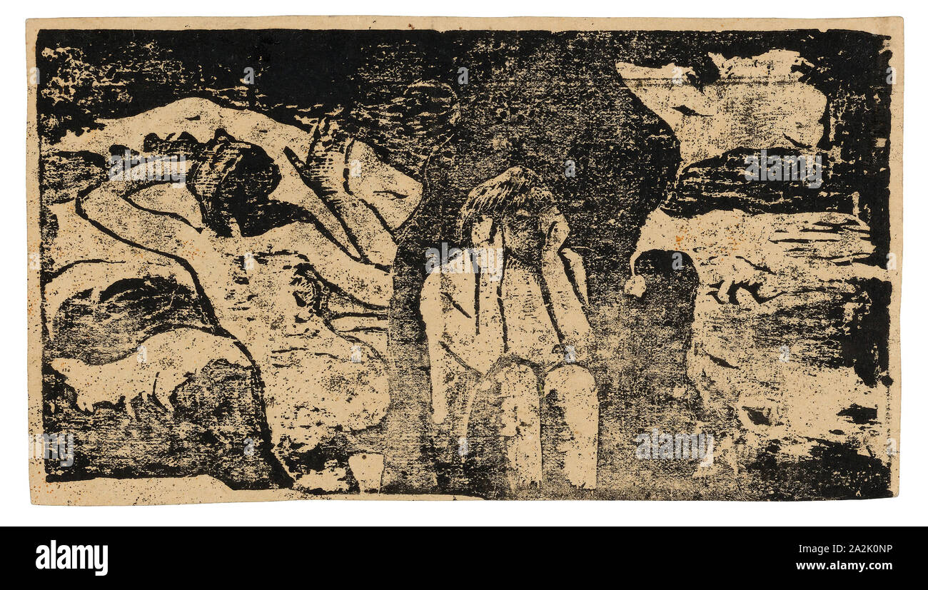 At the Black Rocks, from the Suite of Late Wood-Block Prints, 1898/99, Paul Gauguin, French, 1848-1903, France, Wood-block print in black ink on moderately thick cream wove paper, 103 × 186 mm (image), 106 × 191 mm (sheet Stock Photo