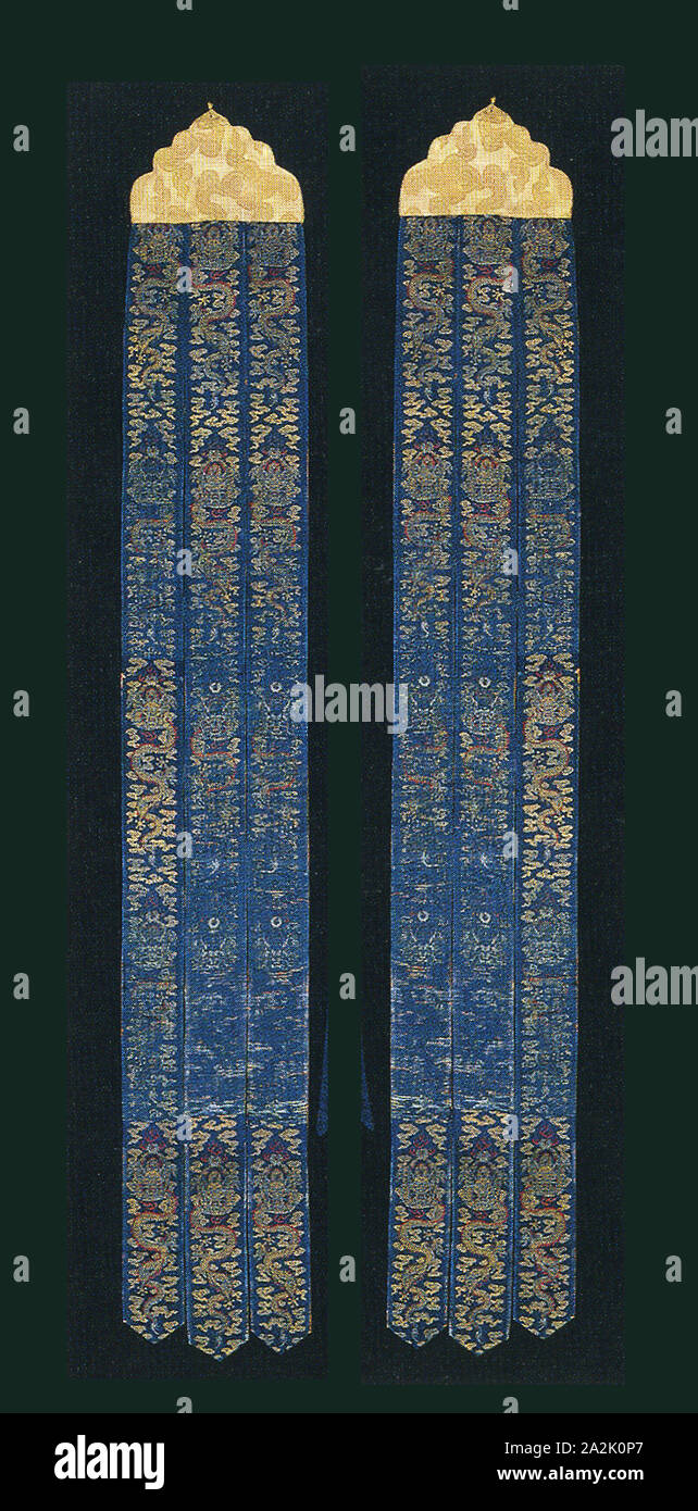 Pair of Banners, Qing dynasty(1644–1911), 1650/1700, China, Silk, 7:1 satin damask weave over boards, streamers: silk, warp-float faced 5:1 satin weave with plain interlacings of secondary binding warps, supplementary patterning wefts, and self-patterning ground wefts, lined with cotton, plain weave, b: 282.7 × 40.6 cm (111 1/4 × 16 in Stock Photo