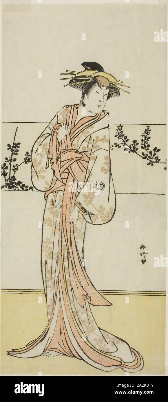 The Actor Segawa Kikunojo III, Possibly as the Courtesan Kojoro of Hakata, in the Play Chiyo no Hajime Ondo no Seto (Beginnings of Eternity: The Ondo Straits in the Seto Inland Sea) (?), Performed at the Kiri Theater from the Twenty-seventh Day of the Seventh Month, 1785, c. 1785, Katsukawa Shunko I, Japanese, 1742-1812, Japan, Color woodblock print, hosoban, left sheet of triptych, 32 x 14.2 cm (12 1/2 x 5 5/8 in Stock Photo