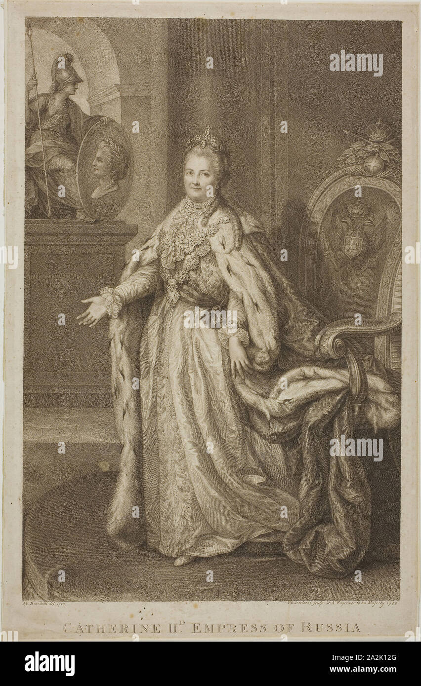 Catherine II, Empress of Russia, 1785, Francesco Bartolozzi (Italian, 1727-1815), probably after Michele Benedetti (Italian, 1745-1810), Italy, Stipple engraving and engraving on ivory chine, laid down on paper, 369 x 239 mm (image), 403 x 262 mm (sheet, cut within platemark Stock Photo