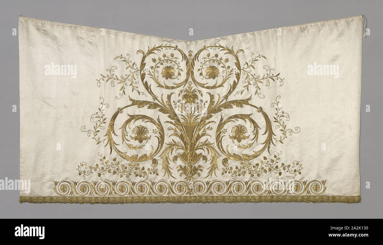 Panel (From a Skirt), 1801/50, France, Silk, satin weave, embroidered with gold metal wrapped over a silk fibre core, gold frisé, silk, gold metal formed ornaments, 'purl,' spangles, gold metal strips, couching over paper core and silk padding, in pattern and backstitch, trimmed with bobbin lace made of gold metal strip wound around a silk fibre core, 117.4 × 214.4 cm (46 1/4 × 84 1/2 in Stock Photo